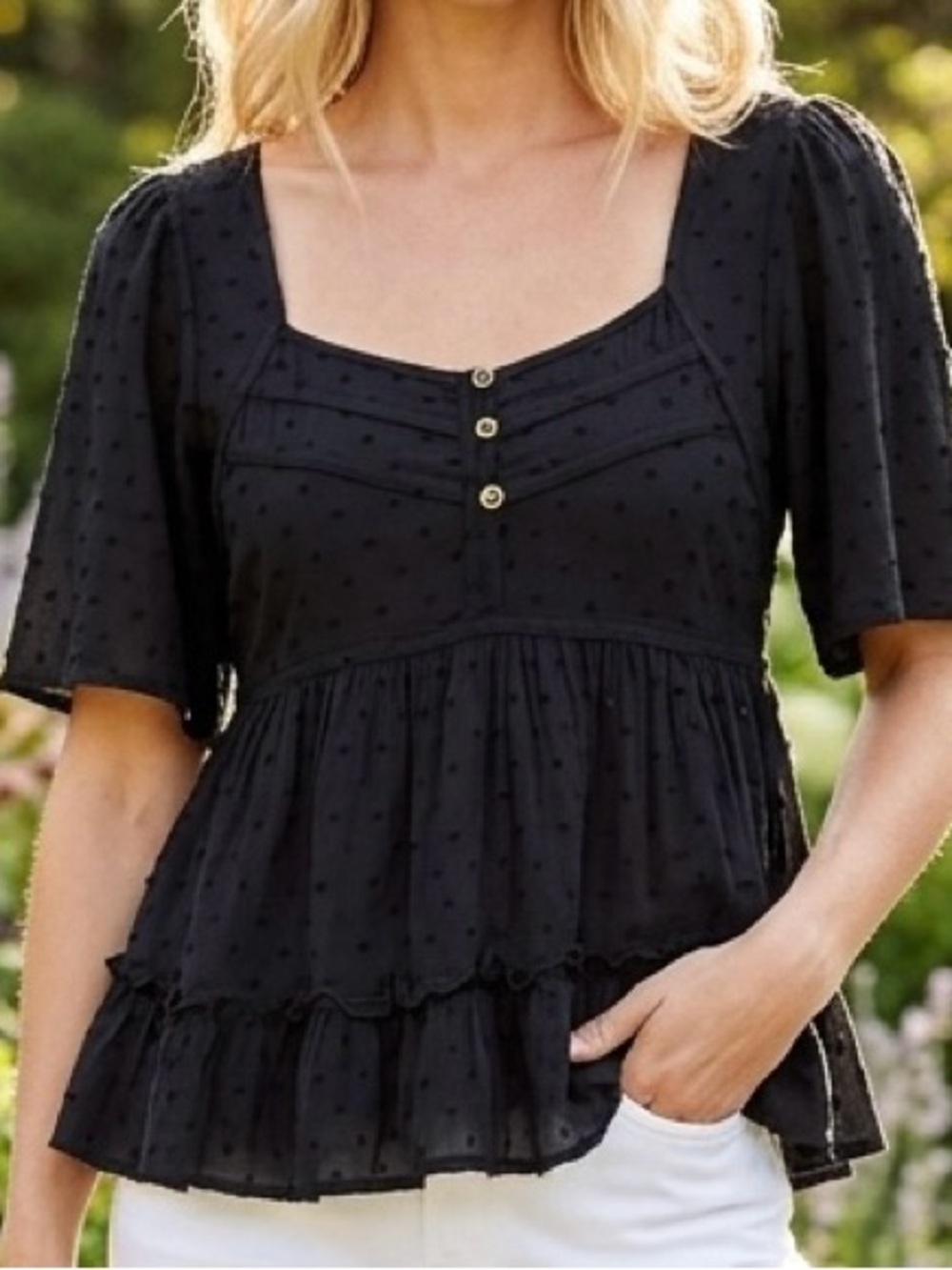 Rewind Black Swiss Dot Square Neck Peplum Blouse